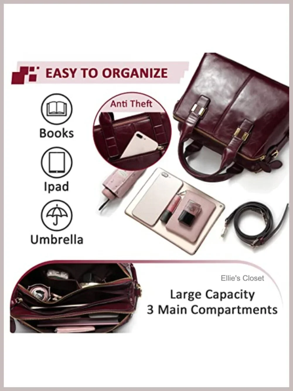 Faux Leather Satchel Bag for Women Work Tote Triple Compartments Top Handle
